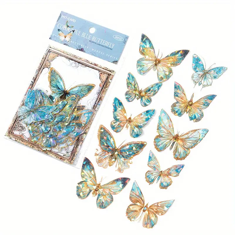 20-Pieces: Ice Crystal Laser Butterfly Decorative PET Stickers Arts & Crafts Phantom Blue Butterfly - DailySale