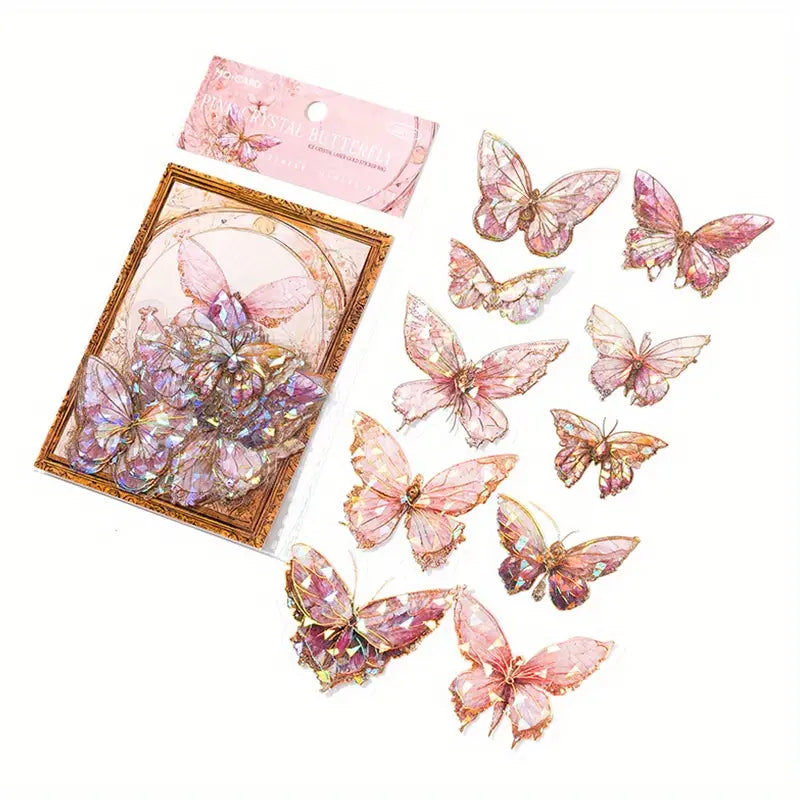 20-Pieces: Ice Crystal Laser Butterfly Decorative PET Stickers Arts & Crafts Pink Crystal Butterfly - DailySale