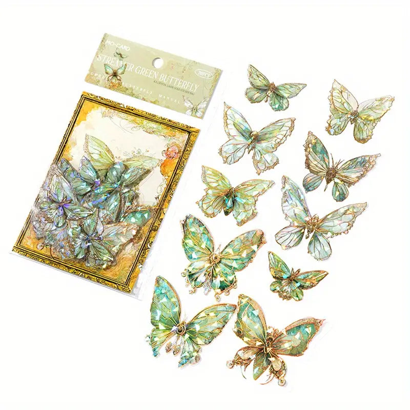 20-Pieces: Ice Crystal Laser Butterfly Decorative PET Stickers Arts & Crafts Streamer Green Butterfly - DailySale