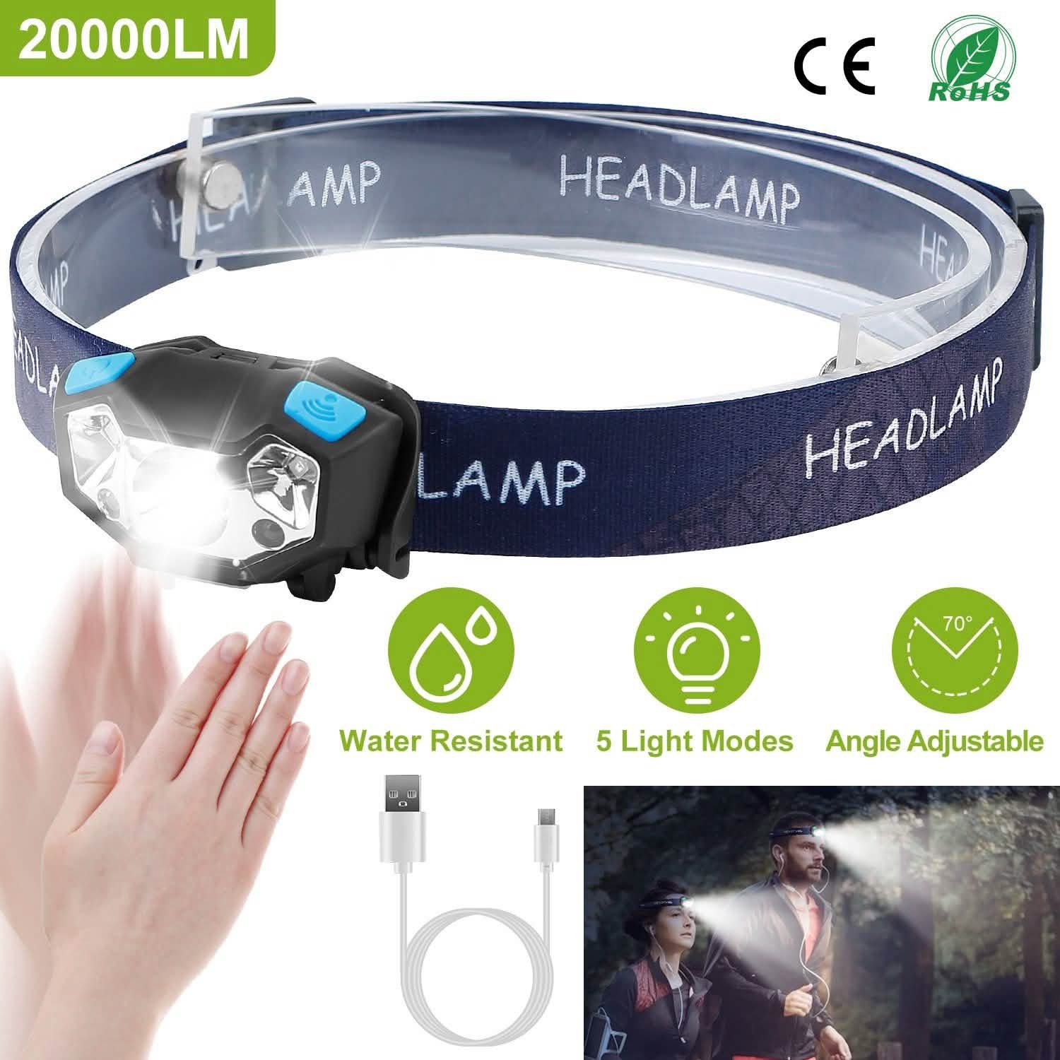 20000LM LED Headlamp USB Rechargeable Wave Motion Sensor Headlight Sports & Outdoors - DailySale