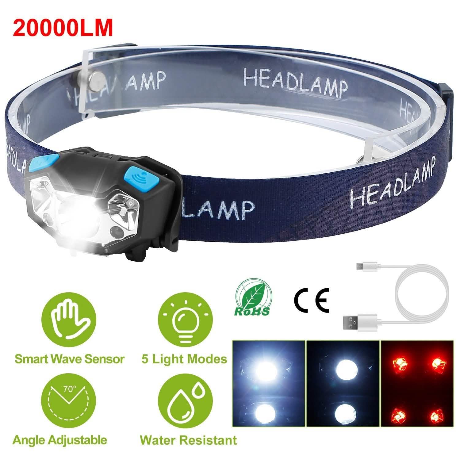 20000LM LED Headlamp USB Rechargeable Wave Motion Sensor Headlight Sports & Outdoors - DailySale