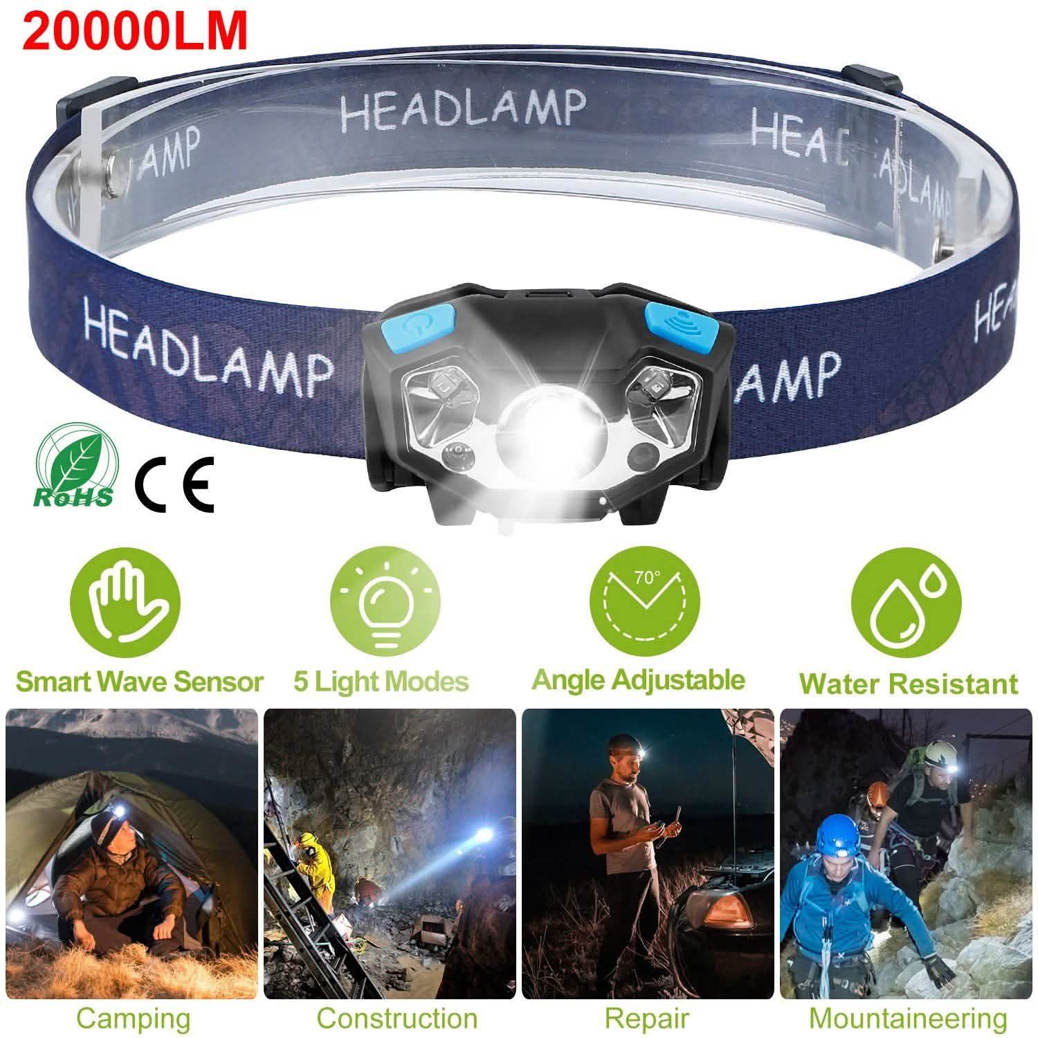 20000LM LED Headlamp USB Rechargeable Wave Motion Sensor Headlight Sports & Outdoors - DailySale