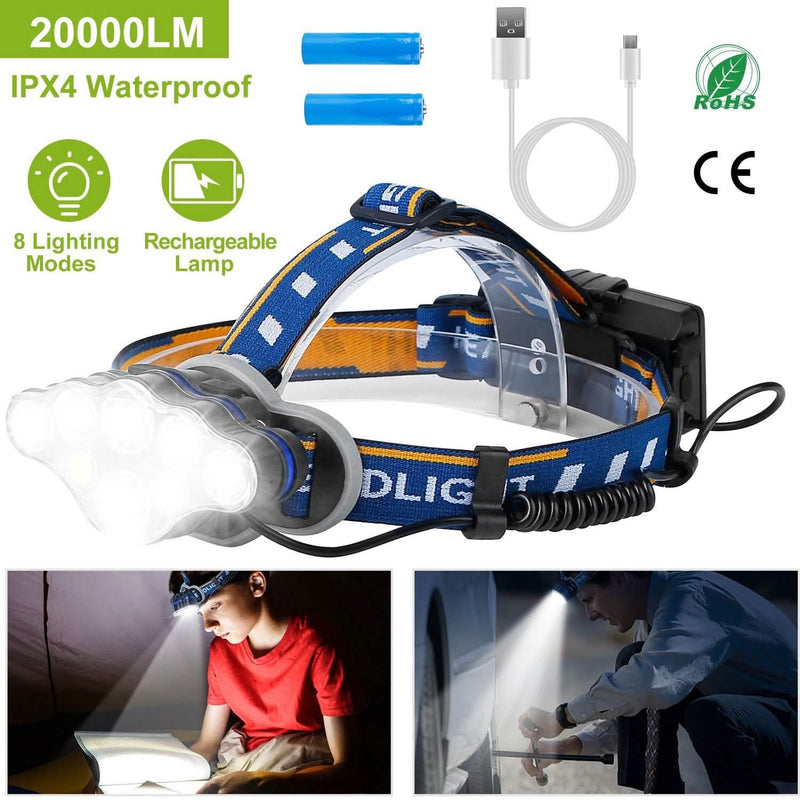20000LM Rechargeable LED Headlamp with 8 Lighting Modes Sports & Outdoors - DailySale