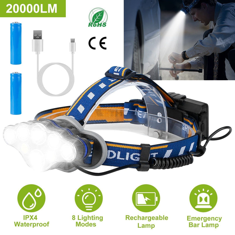 20000LM Rechargeable LED Headlamp with 8 Lighting Modes Sports & Outdoors - DailySale