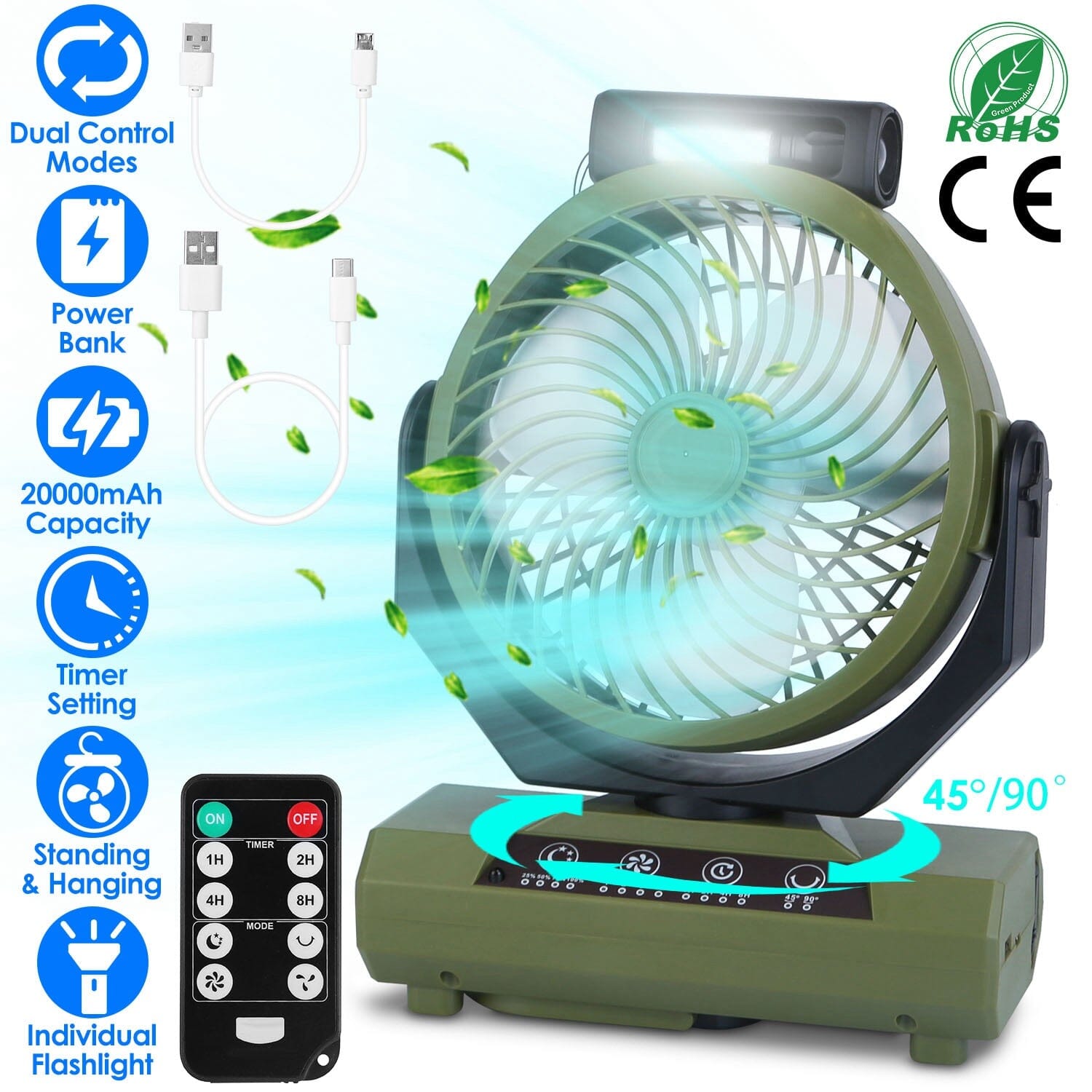 20000mAh Rechargeable Oscillating Camping Fan with Flashlight Hanging Hook Remote Control Sports & Outdoors - DailySale