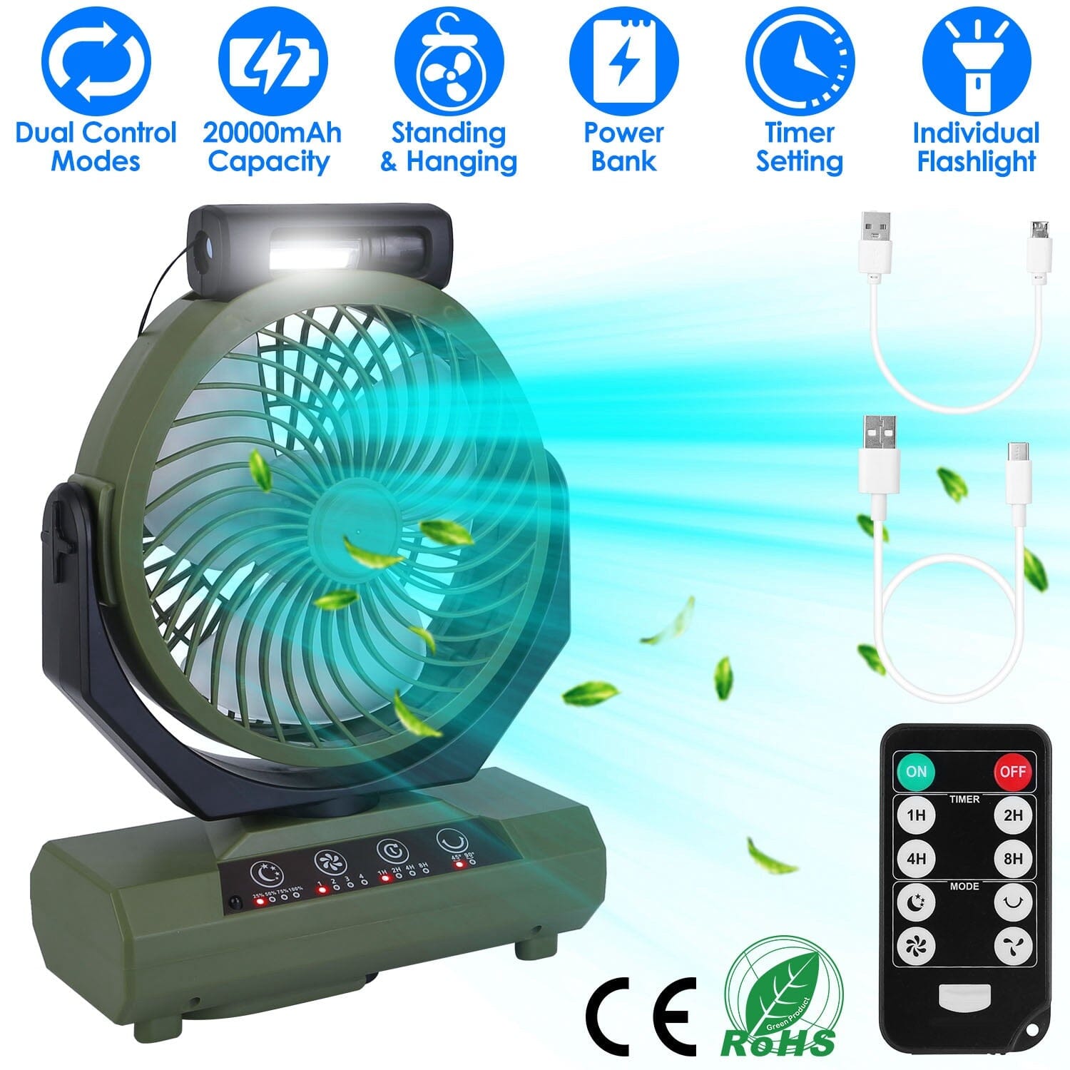 20000mAh Rechargeable Oscillating Camping Fan with Flashlight Hanging Hook Remote Control Sports & Outdoors - DailySale