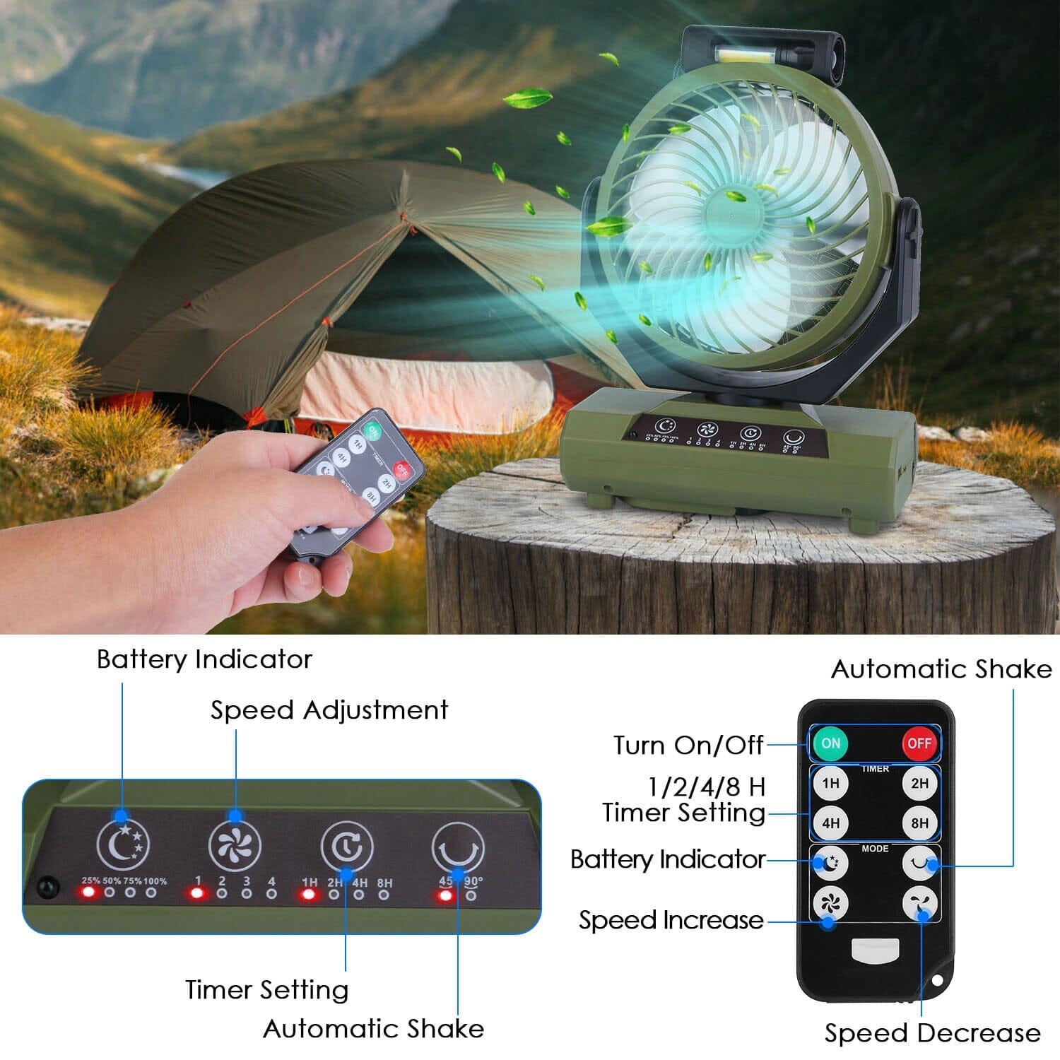 20000mAh Rechargeable Oscillating Camping Fan with Flashlight Hanging Hook Remote Control Sports & Outdoors - DailySale