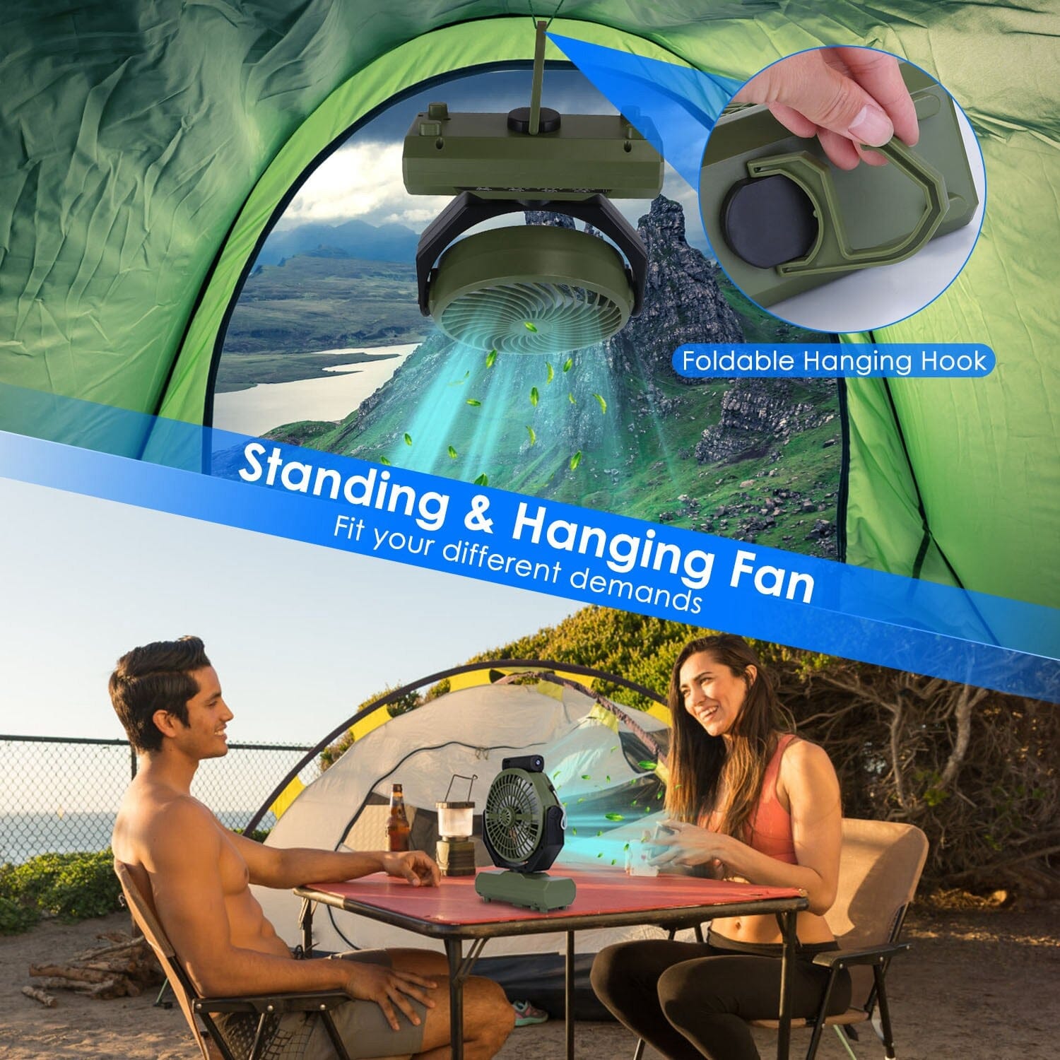 20000mAh Rechargeable Oscillating Camping Fan with Flashlight Hanging Hook Remote Control Sports & Outdoors - DailySale