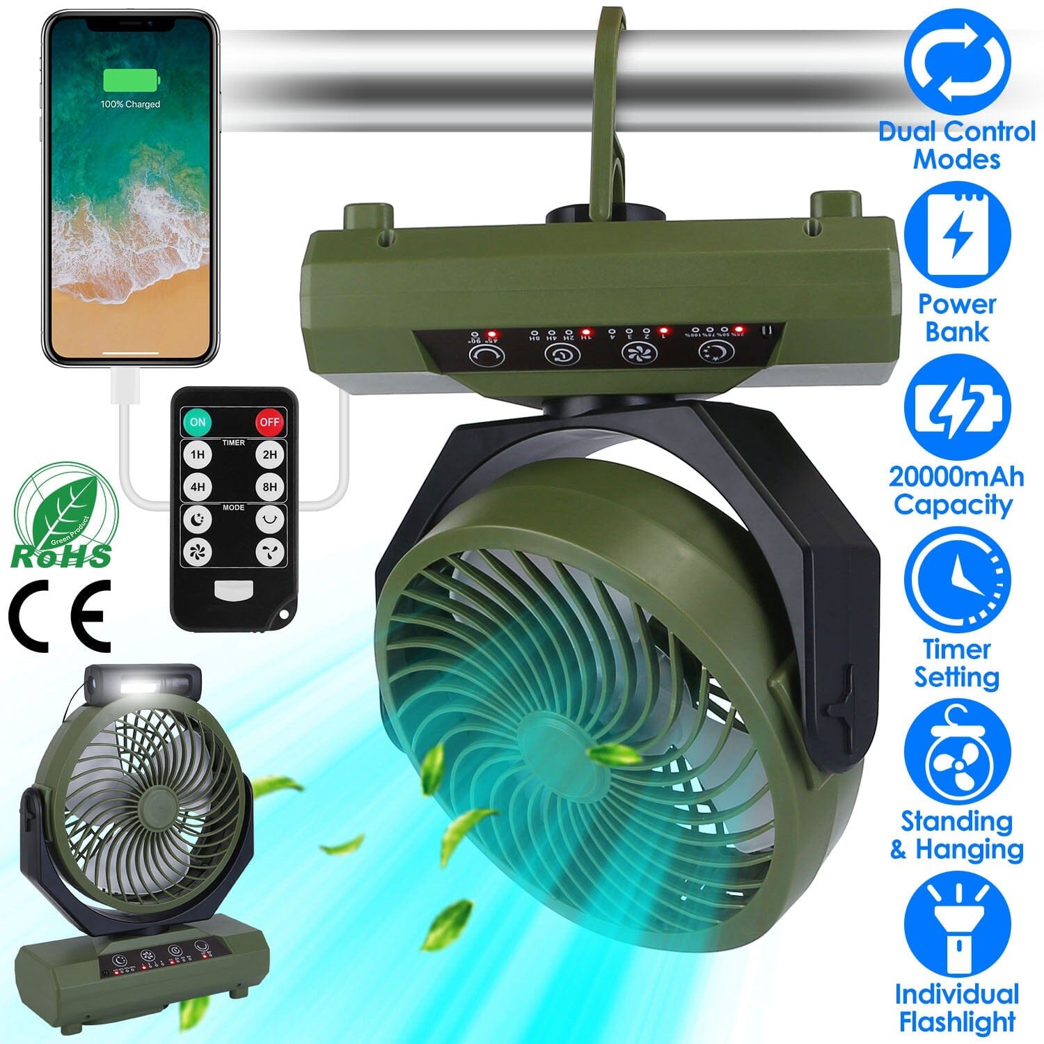 20000mAh Rechargeable Oscillating Camping Fan with Flashlight Hanging Hook Remote Control Sports & Outdoors - DailySale