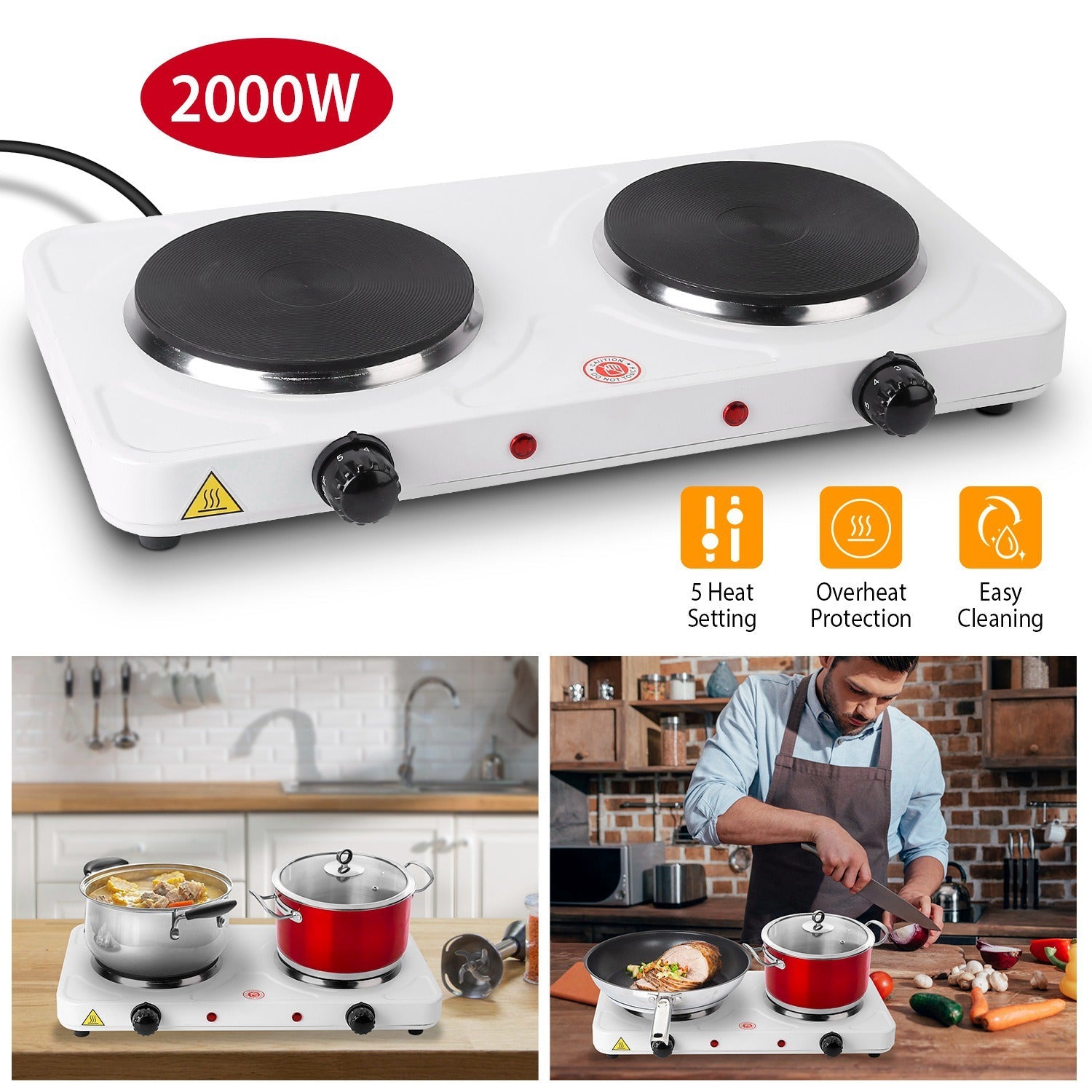 2000W Portable Double Electric Burner Kitchen Appliances - DailySale