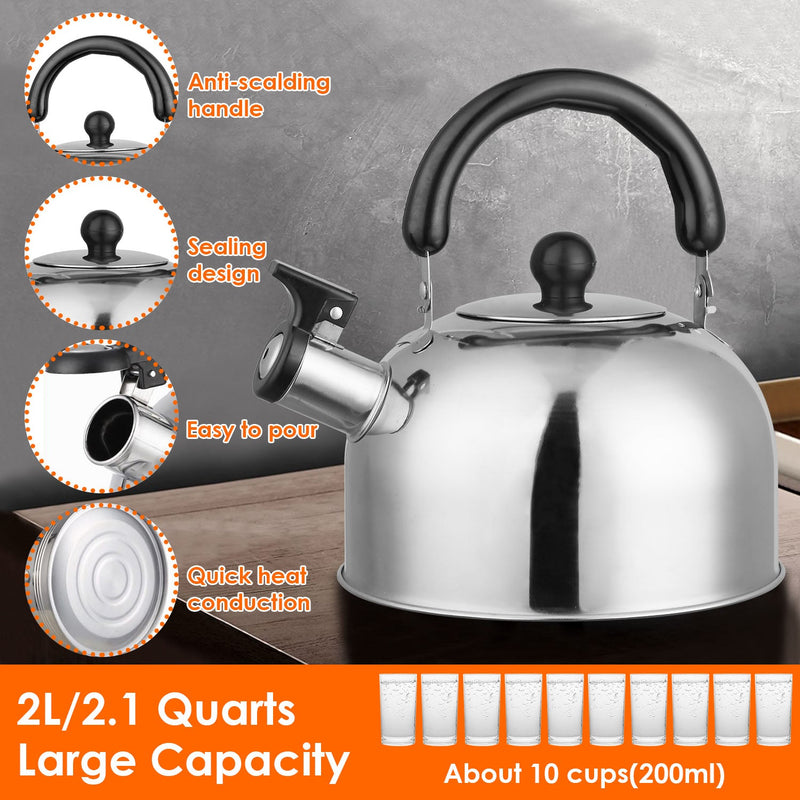 2.1 Quarts Stainless Steel Whistling Tea Kettle Stovetop Induction Gas Teapot Kitchen Tools & Gadgets - DailySale