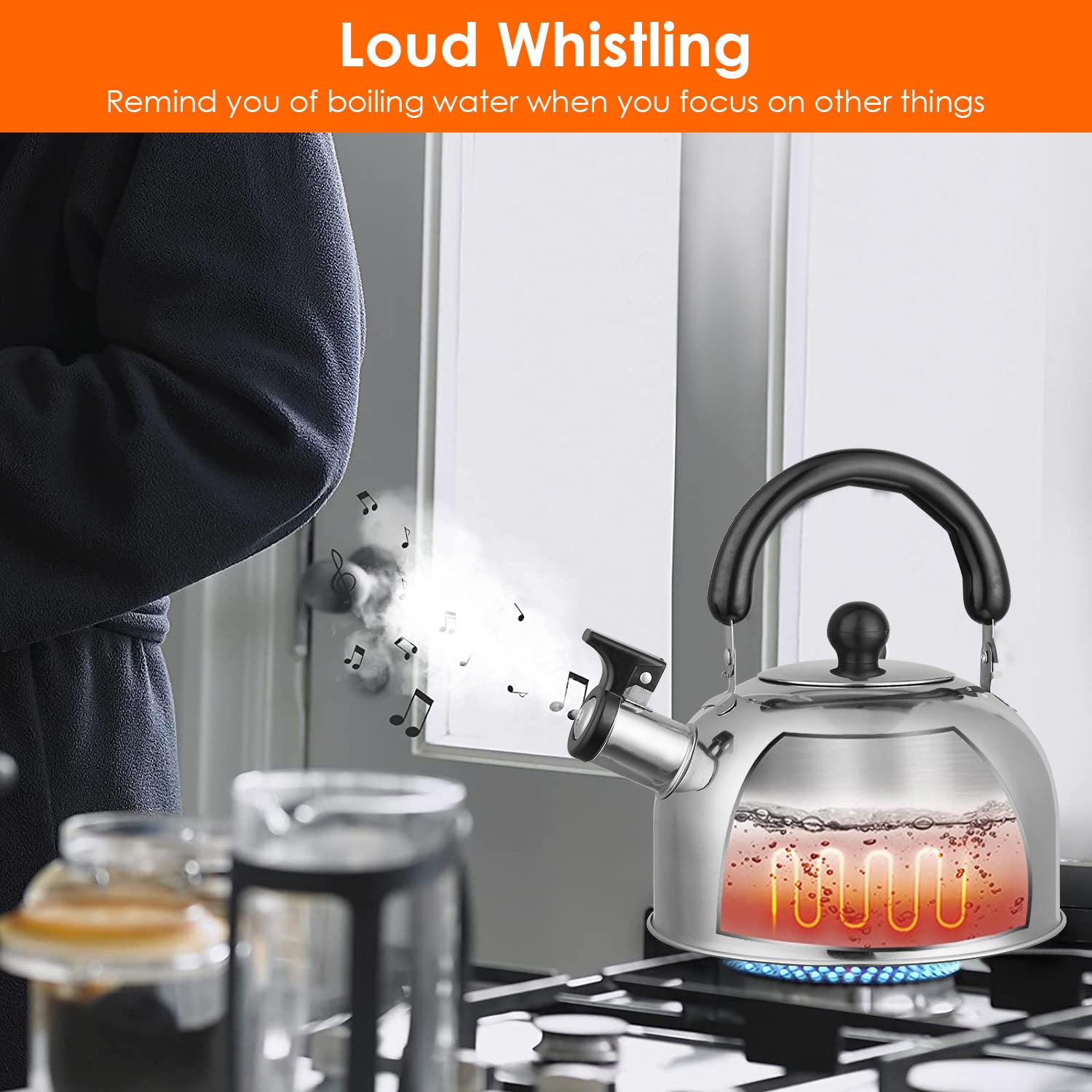 2.1 Quarts Stainless Steel Whistling Tea Kettle Stovetop Induction Gas Teapot Kitchen Tools & Gadgets - DailySale