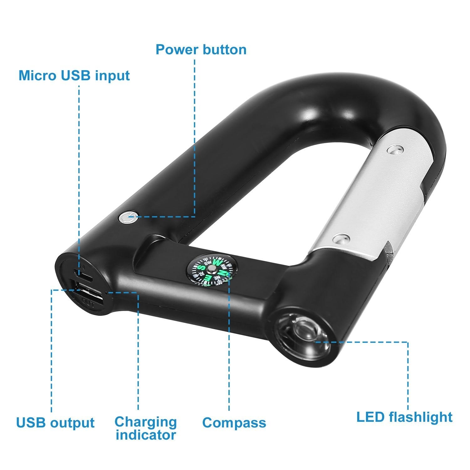 2200 mAh Powerbank with Emergency Flashlight Compass Carabiner-Shaped Sports & Outdoors - DailySale