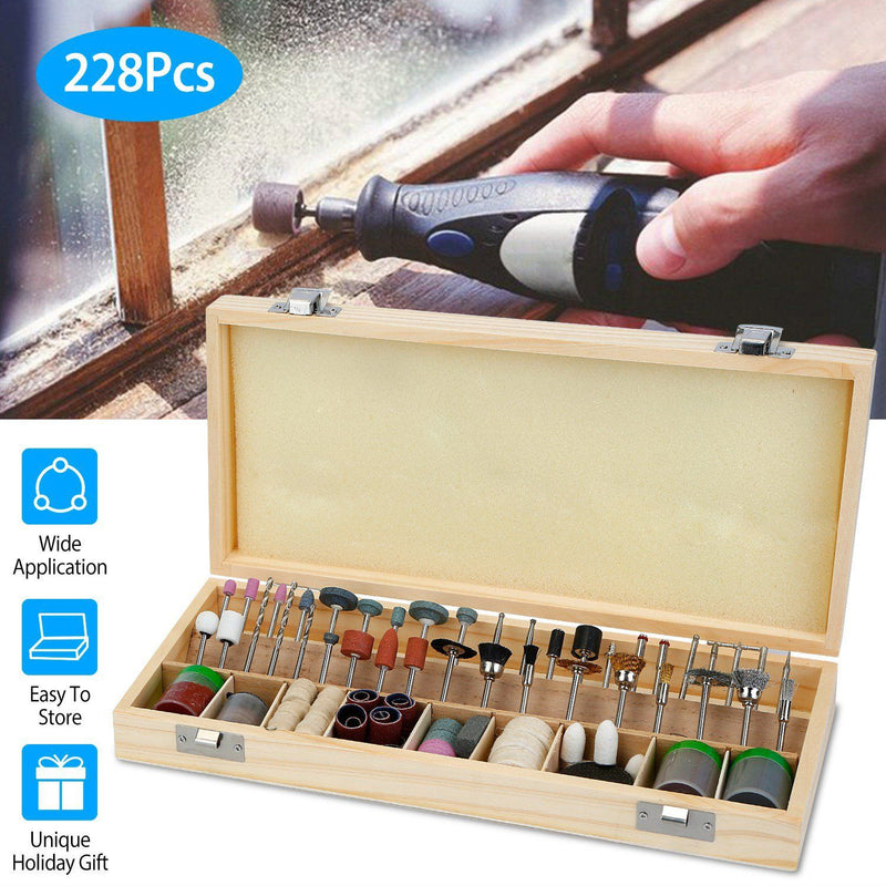 Open case of a 228-Piece Rotary Dremel Accessory Tool Kit with an inset of a Rotary Dremel filing a window sill