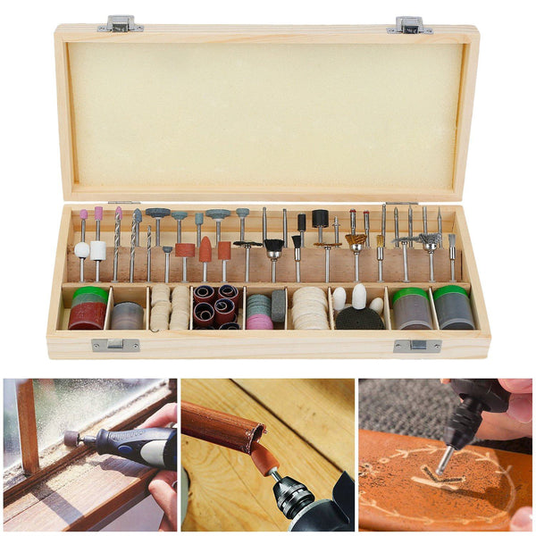 Open box display of a 228-Piece Rotary Dremel Accessory Tool Kit over a white background, includes three insets of the Dremel tool in action