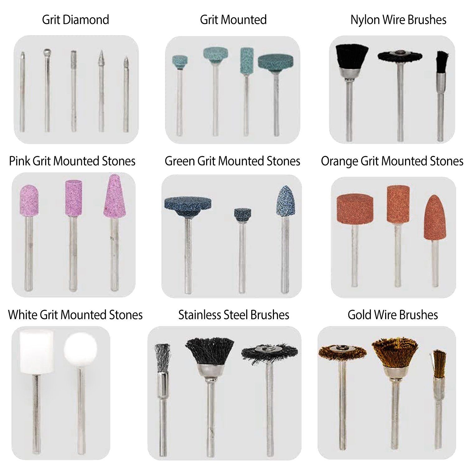 Series of inset images showing nine different sets of tools from the 228-Piece Rotary Dremel Accessory Tool Kit