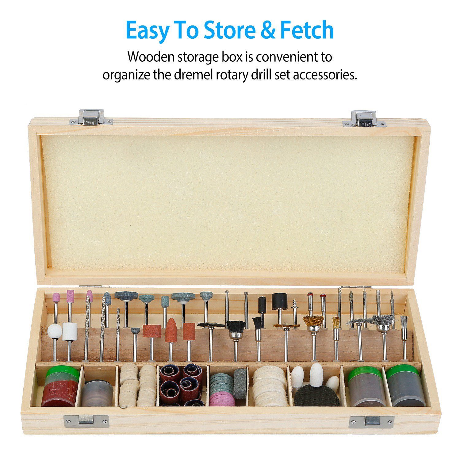 Open box display of a 228-Piece Rotary Dremel Accessory Tool Kit showing ease of storage and access of tools