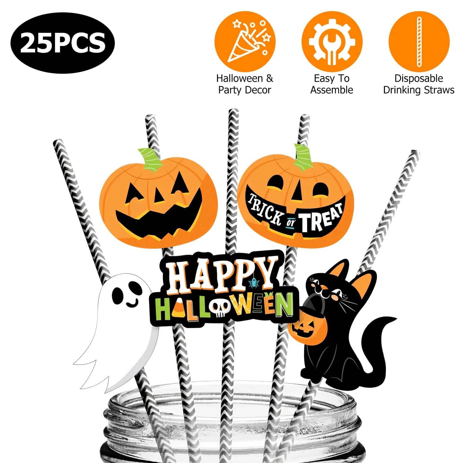 24-Pieces: Halloween Party Striped Decorative Paper Straws Holiday Decor & Apparel - DailySale