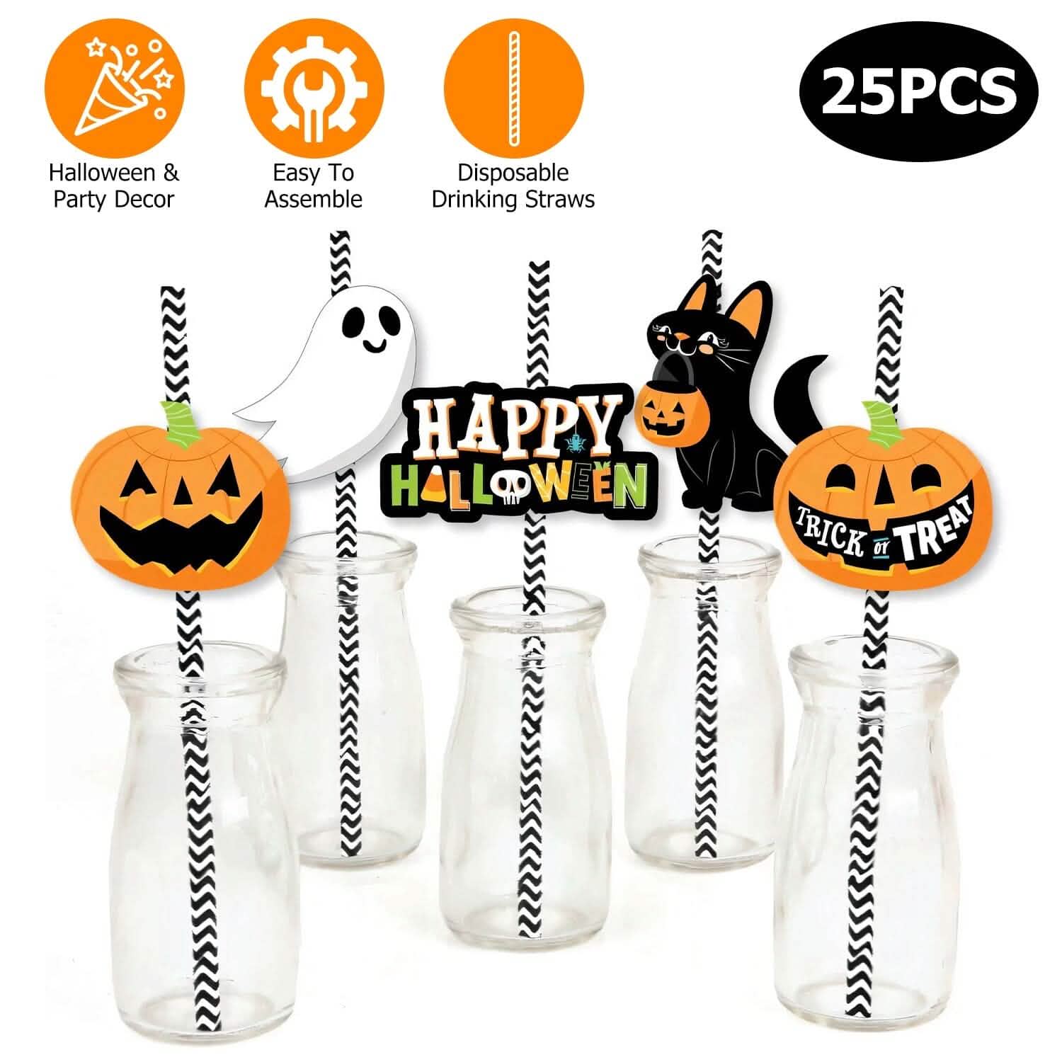 24-Pieces: Halloween Party Striped Decorative Paper Straws Holiday Decor & Apparel - DailySale