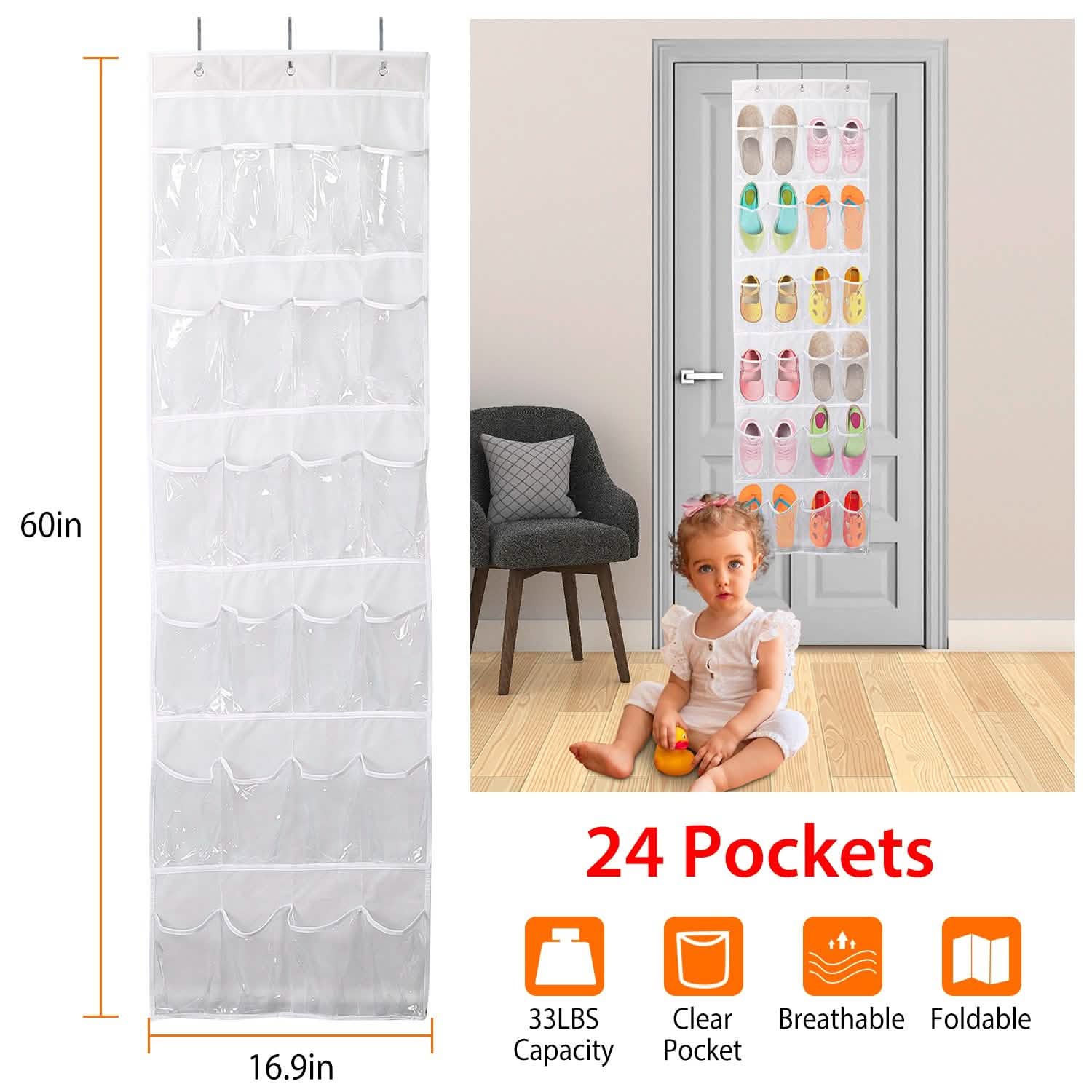 24-Pocket: Over the Door Shoes Rack Crystal Clear Organizer Closet & Storage - DailySale