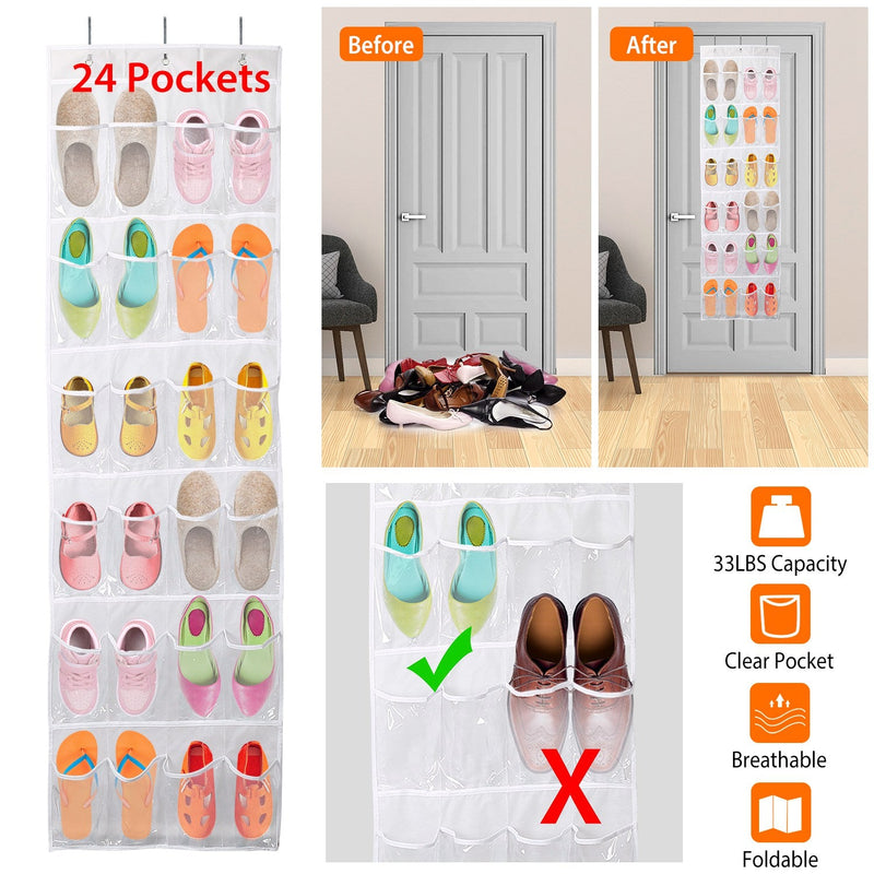 24-Pocket: Over the Door Shoes Rack Crystal Clear Organizer Closet & Storage - DailySale