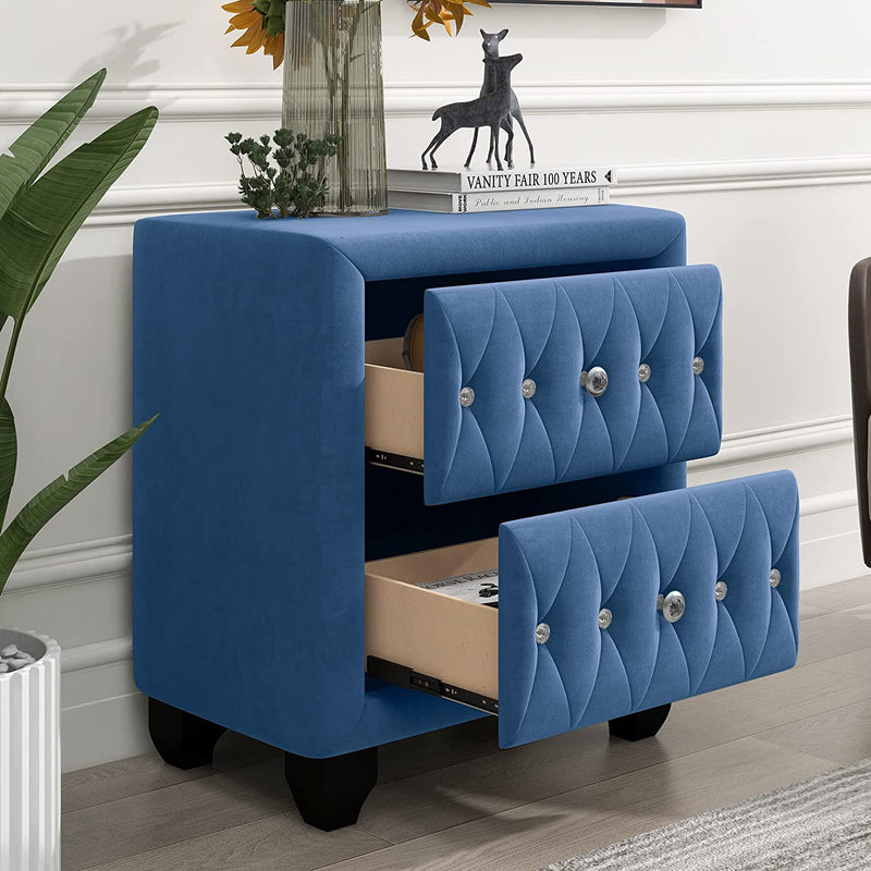 27.9" Tall Bedside Table Blue Upholstered Velvet 2-Drawer Nightstand