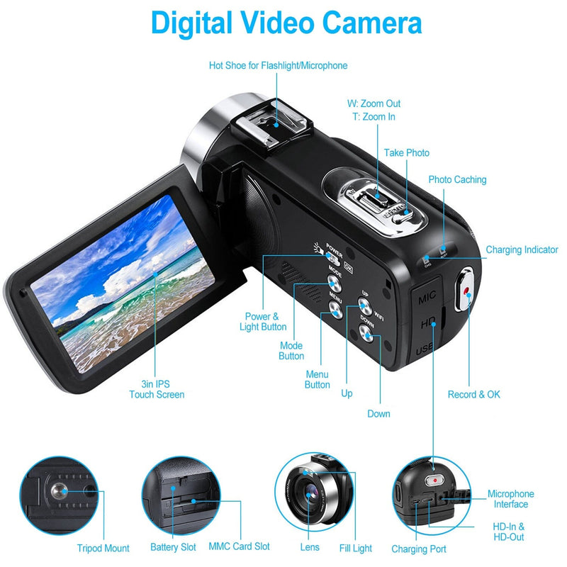 2.7K Camcorder 42MP 18x Zoom Digital Video Camera with 270° Rotating IPS Screen Cameras & Drones - DailySale