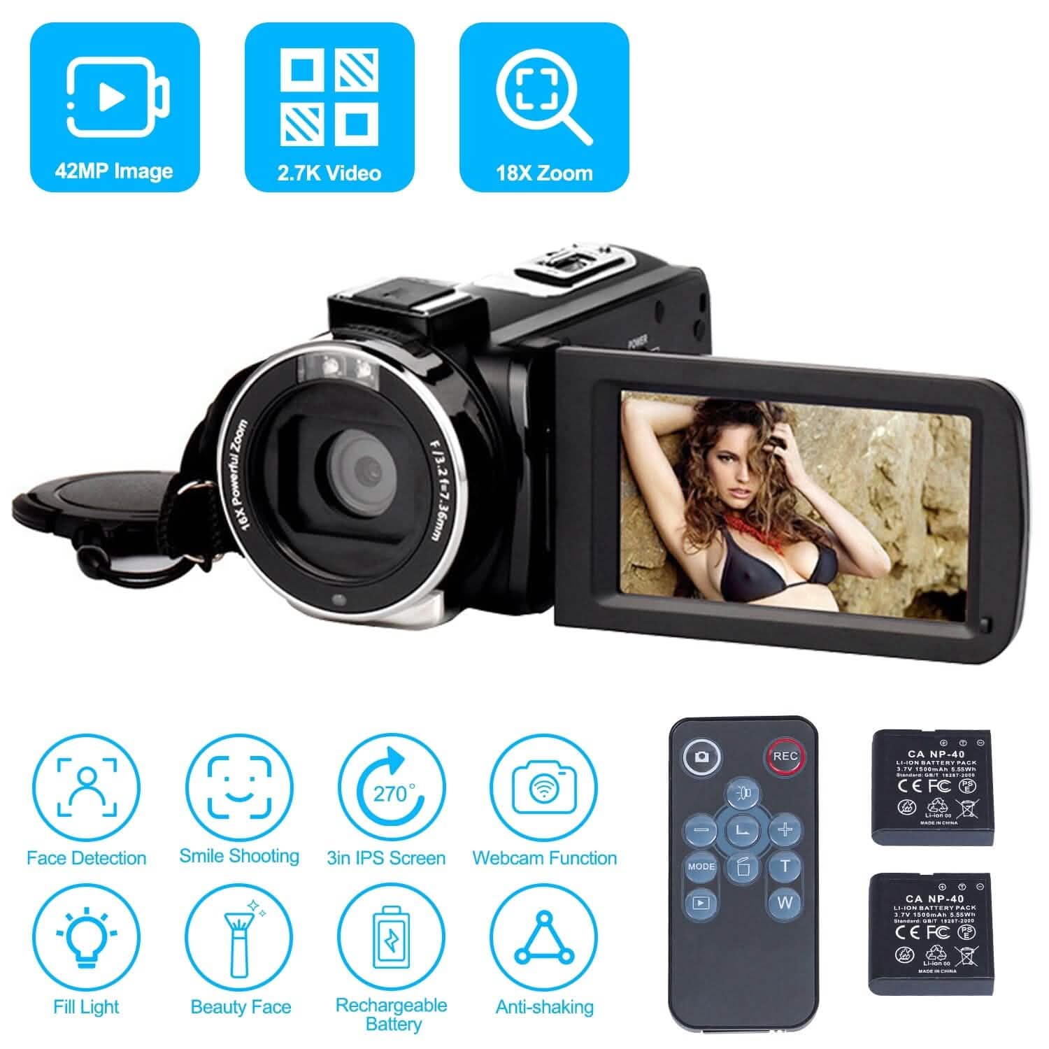 2.7K Camcorder 42MP 18x Zoom Digital Video Camera with 270° Rotating IPS Screen Cameras & Drones - DailySale