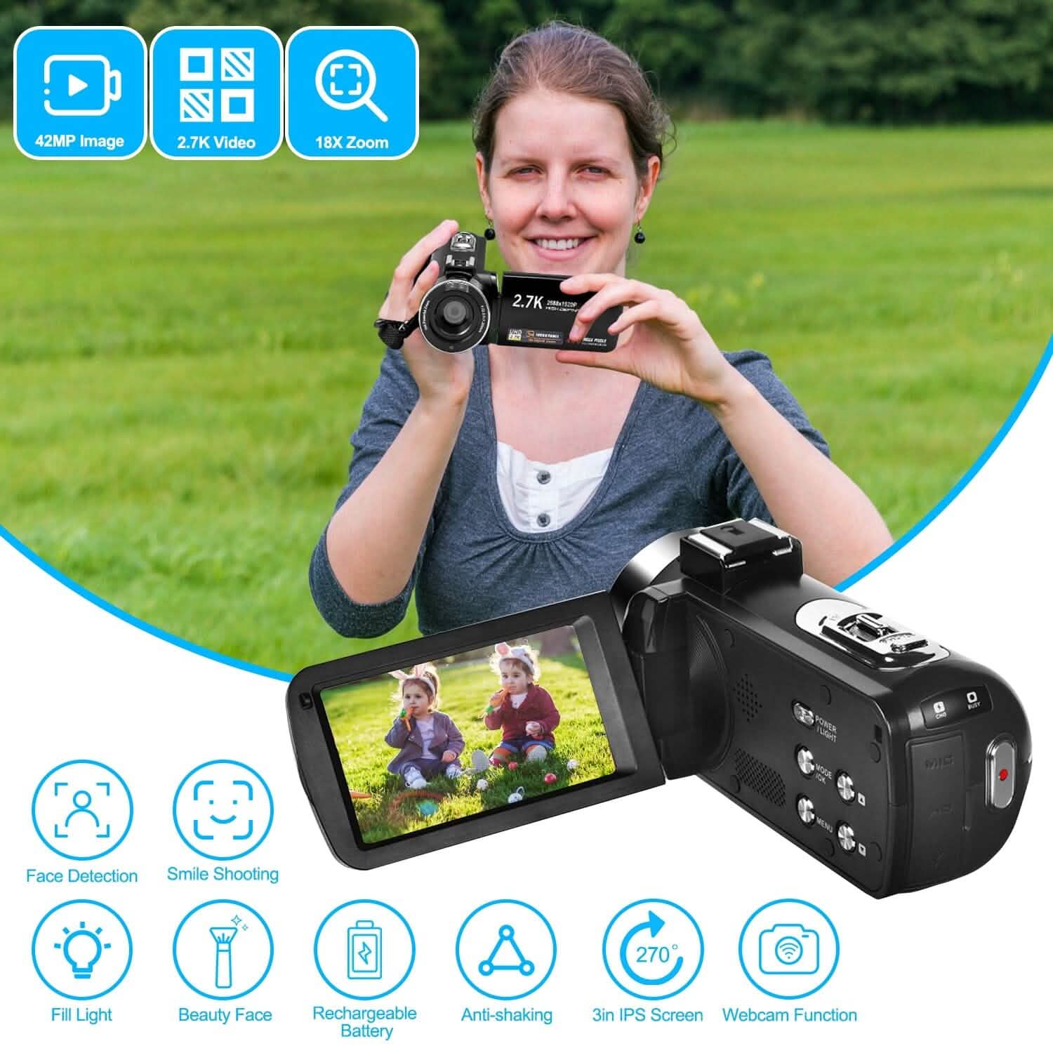 2.7K Camcorder 42MP 18x Zoom Digital Video Camera with 270° Rotating IPS Screen Cameras & Drones - DailySale