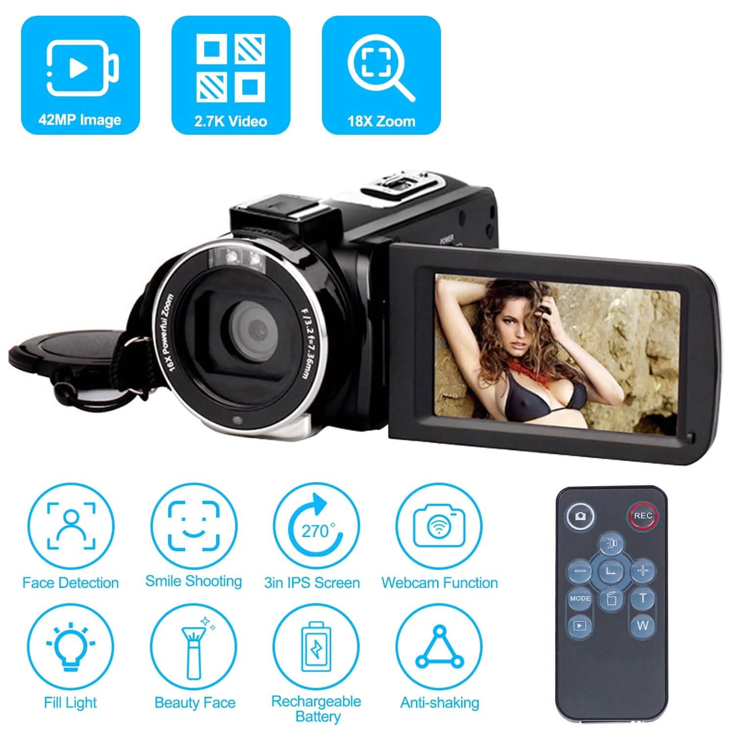 2.7K Camcorder 42MP 18x Zoom Digital Video Camera with 270° Rotating IPS Screen Cameras & Drones - DailySale