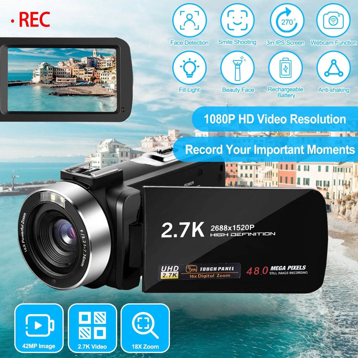 2.7K Camcorder 42MP 18x Zoom Digital Video Camera with 270° Rotating IPS Screen Cameras & Drones - DailySale