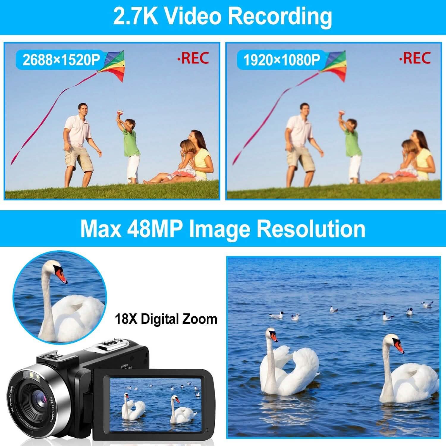 2.7K Camcorder 42MP 18x Zoom Digital Video Camera with 270° Rotating IPS Screen Cameras & Drones - DailySale
