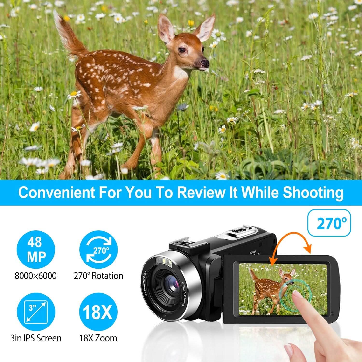 2.7K Camcorder 42MP 18x Zoom Digital Video Camera with 270° Rotating IPS Screen Cameras & Drones - DailySale