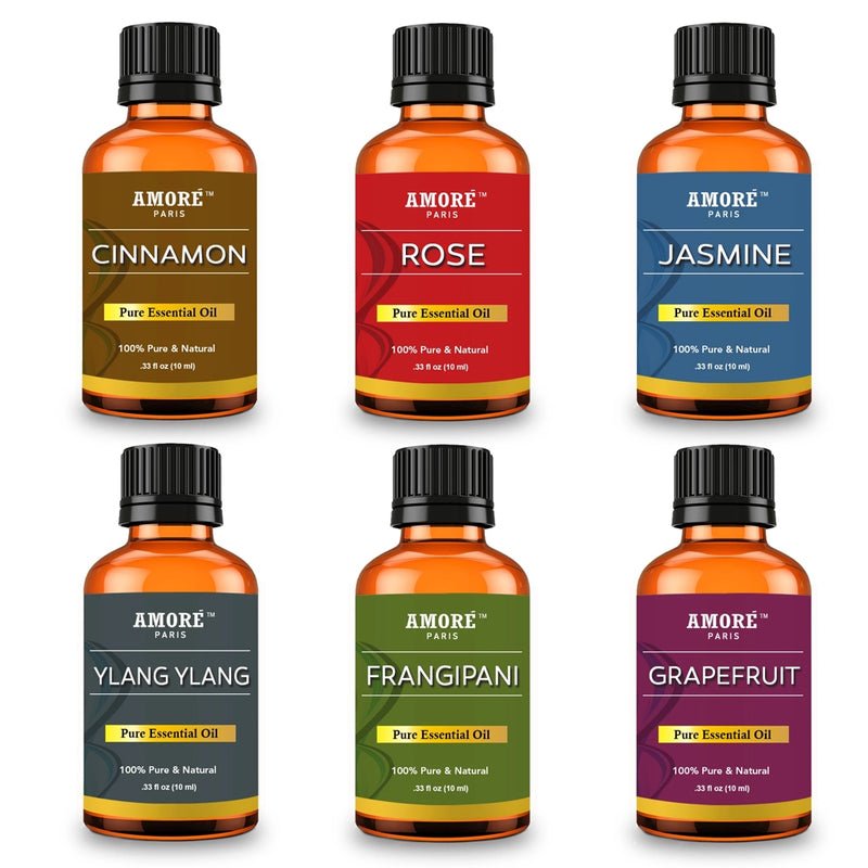 6-Piece Aromatherapy Therapeutic Grade Essential Oils Gift Set, showing the following scents: Cinnamon, Rose, Jasmine, Ylang Ylang, Frangipani, and Grapefruit