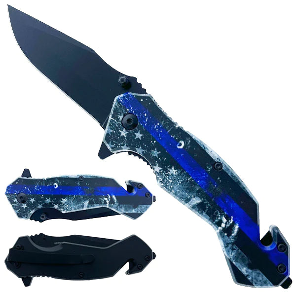 3 1/2" Spring Assisted Knife Tactical Thin Blue Line - DailySale