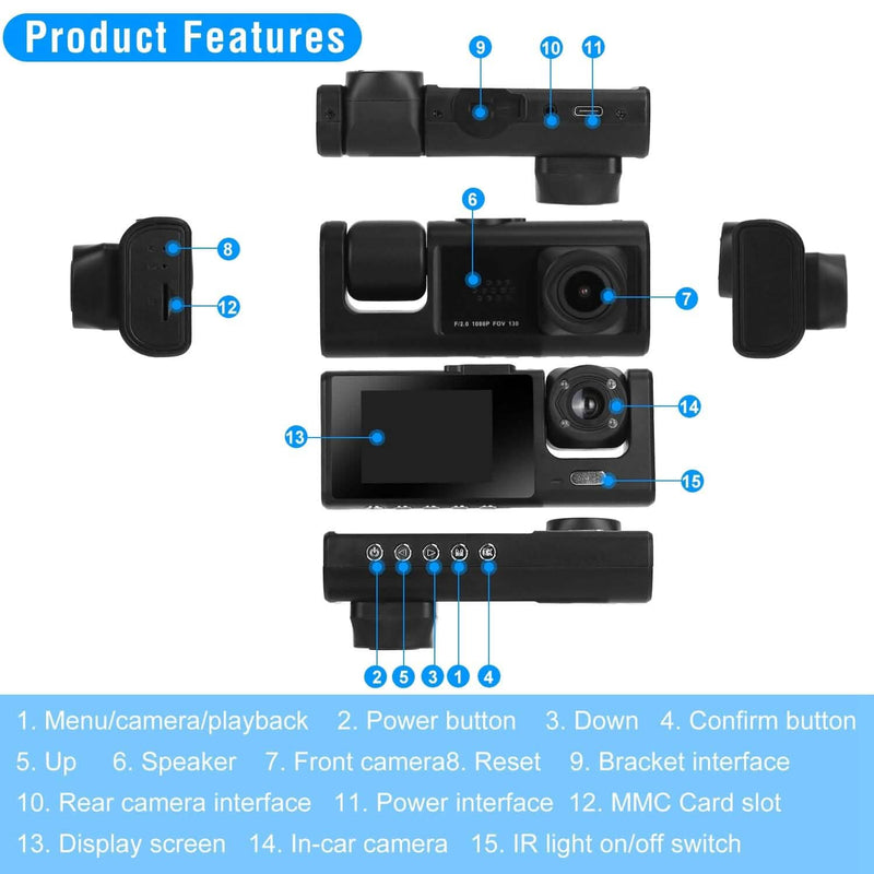 3 Channel Car DVR Dash Cam Video Recorder Cameras & Drones - DailySale