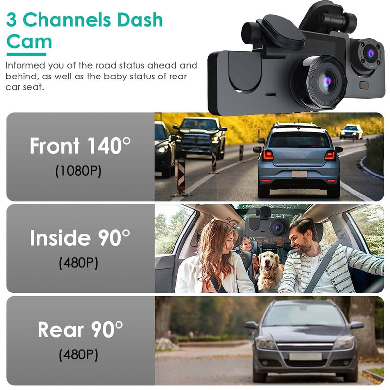 3 Channel Dash Cam Front Inside Rear Vehicle Driving Recorder Car DVR Automotive - DailySale