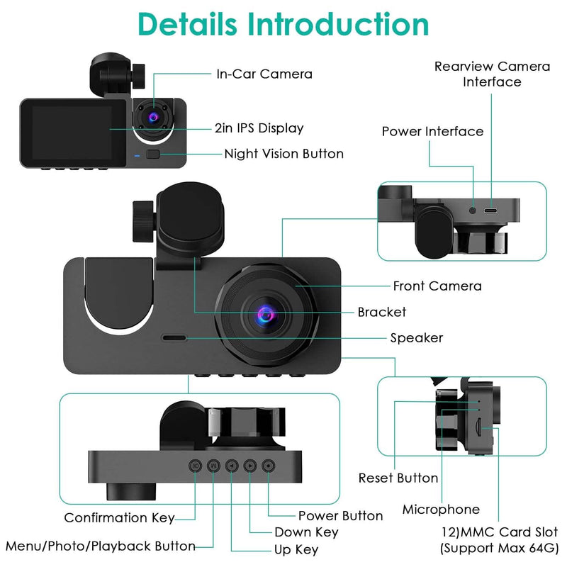 3 Channel Dash Cam Front Inside Rear Vehicle Driving Recorder Car DVR Automotive - DailySale