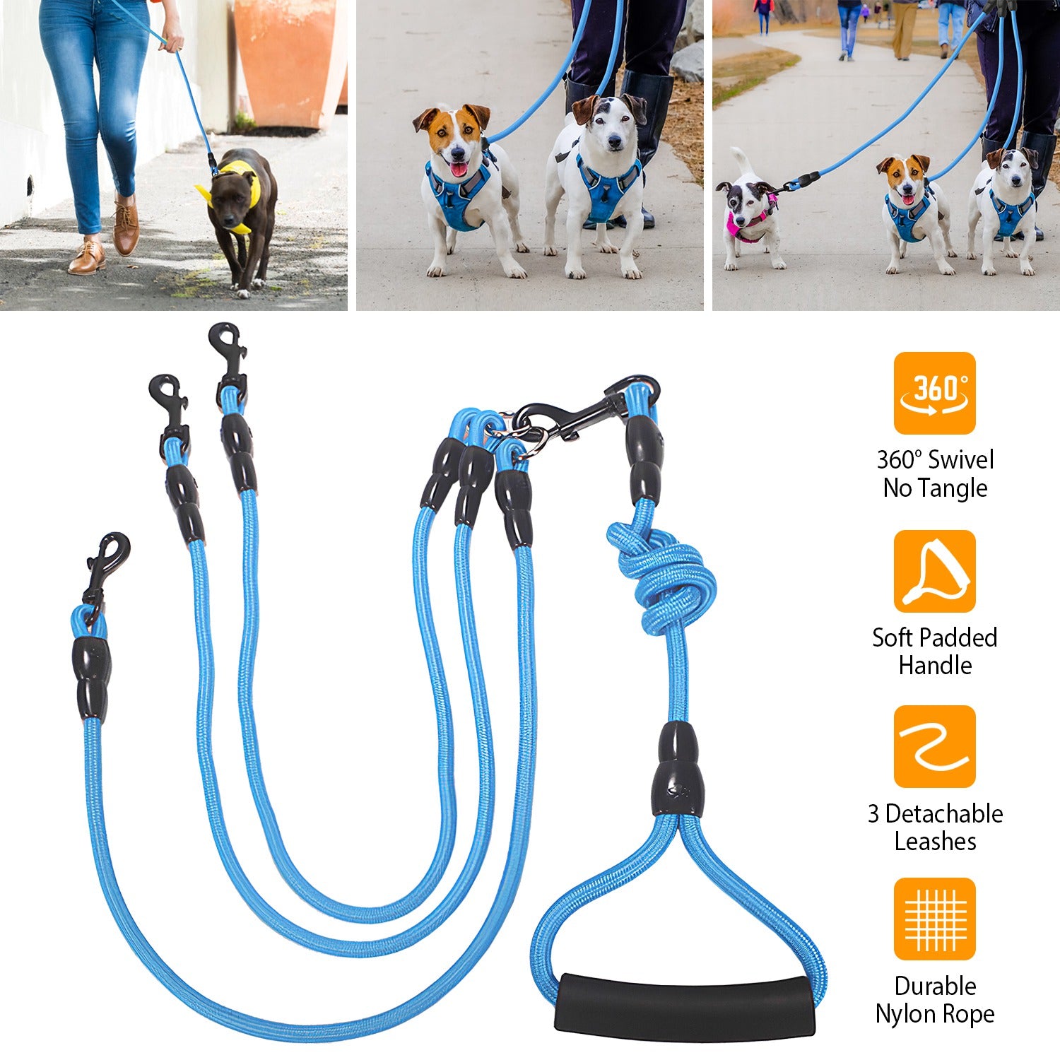 3 Dog Leash Traction Rope Walking Training Lead with Padded Handle Pet Supplies - DailySale