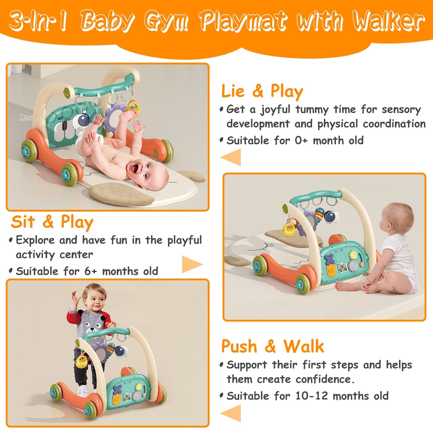 3-in-1 Baby Gym Playmat with Learning Walker for 0-12 Months Old Baby - DailySale