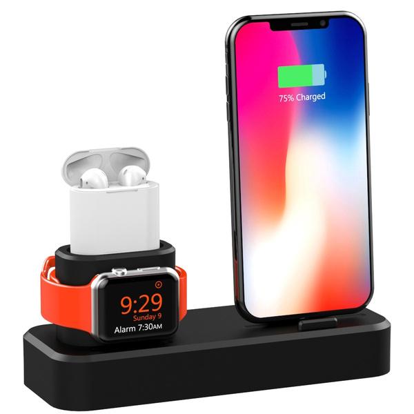 3-in-1 Charging Station Silicone for Apple Watch, Airpods, and iPhone Mobile Accessories Black - DailySale