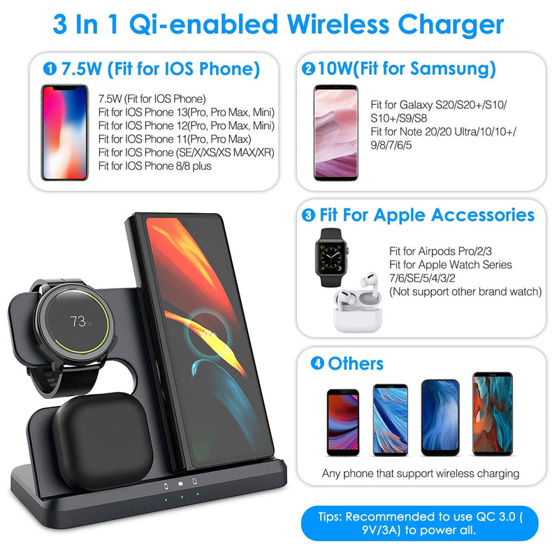 3-in-1 Fast Wireless Charger for Qi-enable Phones, Earphones and Watches Mobile Accessories - DailySale