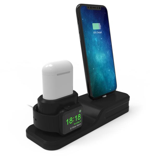 3-in-1 Silicone Charging Station Dock for Apple Watch AirPods and iPhone + 2 Lightning Cables Mobile Accessories - DailySale