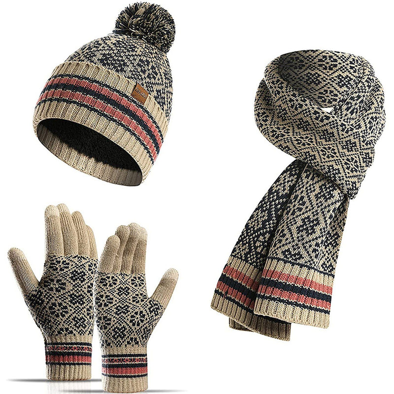 3-in-1 Soft Warm Thick Cable Knitted Beanie Hat Scarf and Gloves Winter Set