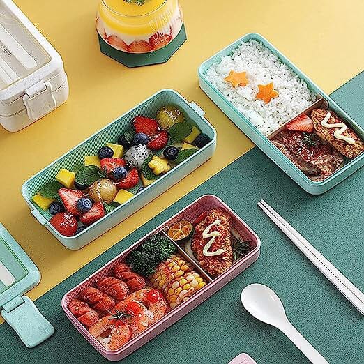  jijoe 27 PCs Bento Box Lunch Box Kit, Stackable 3-in-1  Compartment Japanese Lunch Box Set w/Soup Cup Sauce Can, Spoon Fork, Cake  Cups, Fruit Picks, Snack Bags, Leakproof Lunch Containers（Blue）: Home