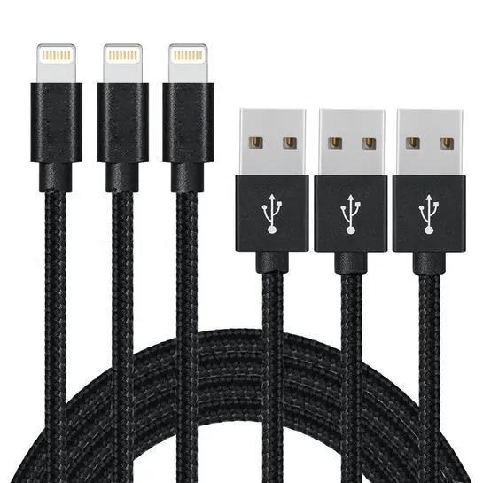 3-Pack: 10 Foot Braided Lightning Cables Mobile Accessories Black - DailySale