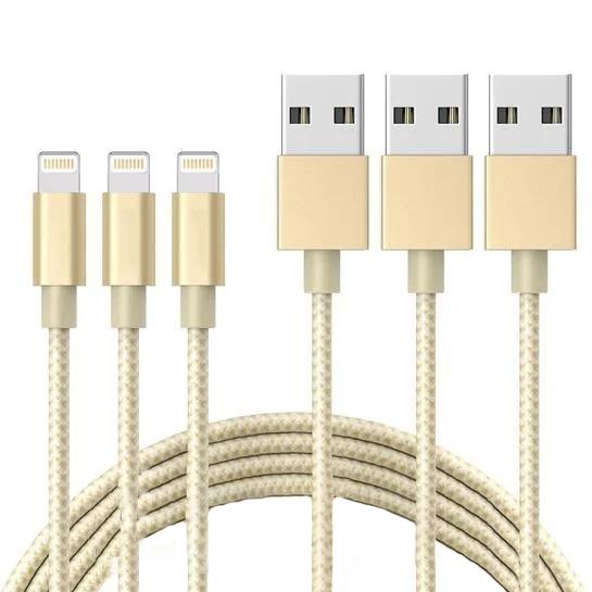 3-Pack: 10 Foot Braided Lightning Cables Mobile Accessories Gold - DailySale