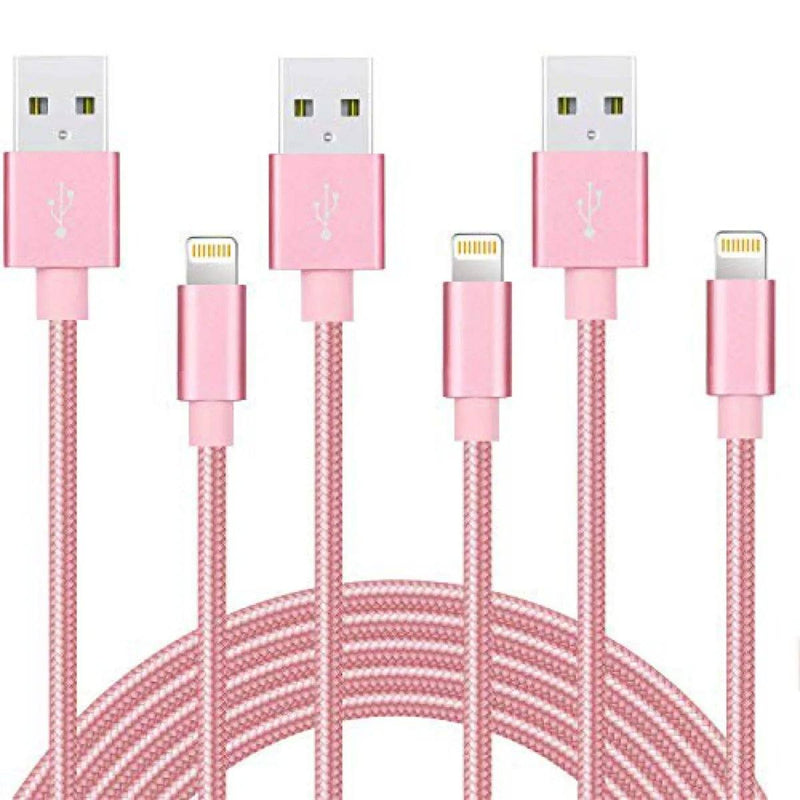 3-Pack: 10 Foot Braided Lightning Cables Mobile Accessories Pink - DailySale