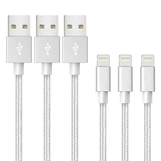 3-Pack: 10 Foot Braided Lightning Cables Mobile Accessories Silver - DailySale