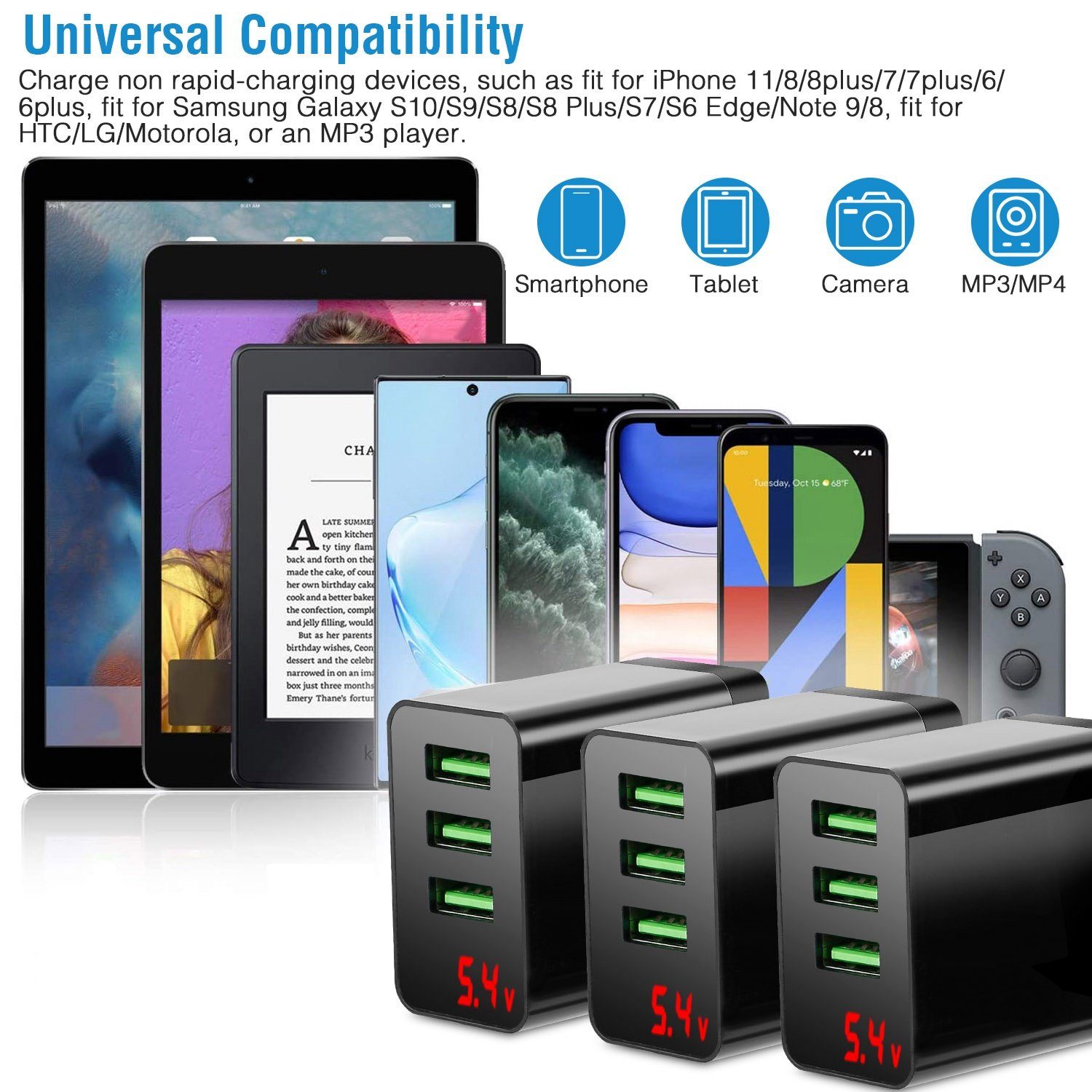 3-Pack: 3-Port USB Wall Charger Mobile Accessories - DailySale